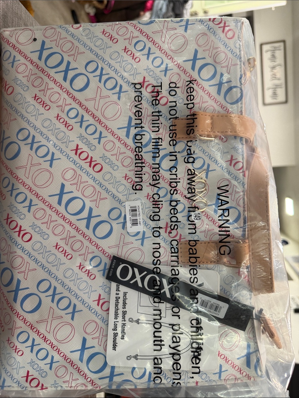 OXO Blue & Red XOXO Pattern Tote with Tan Handles